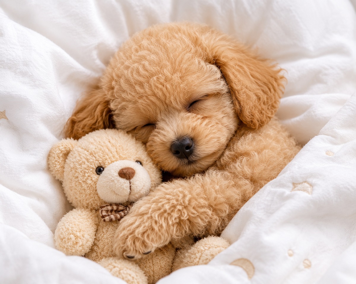 Chó Poodle con ôm gấu bông khi ngủ