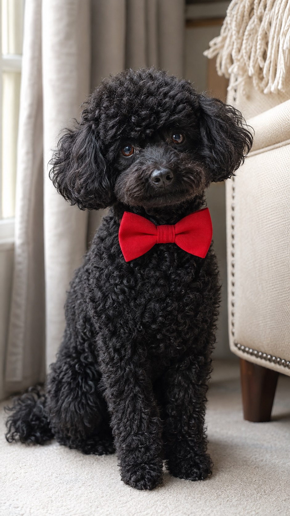 Poodle đen với nơ cổ đỏ