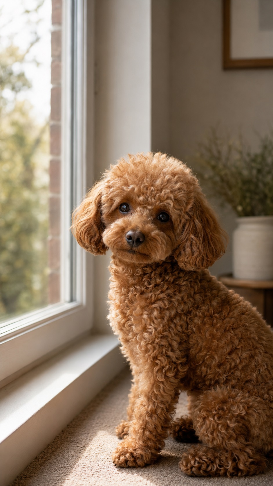 Poodle nâu bên cửa sổ