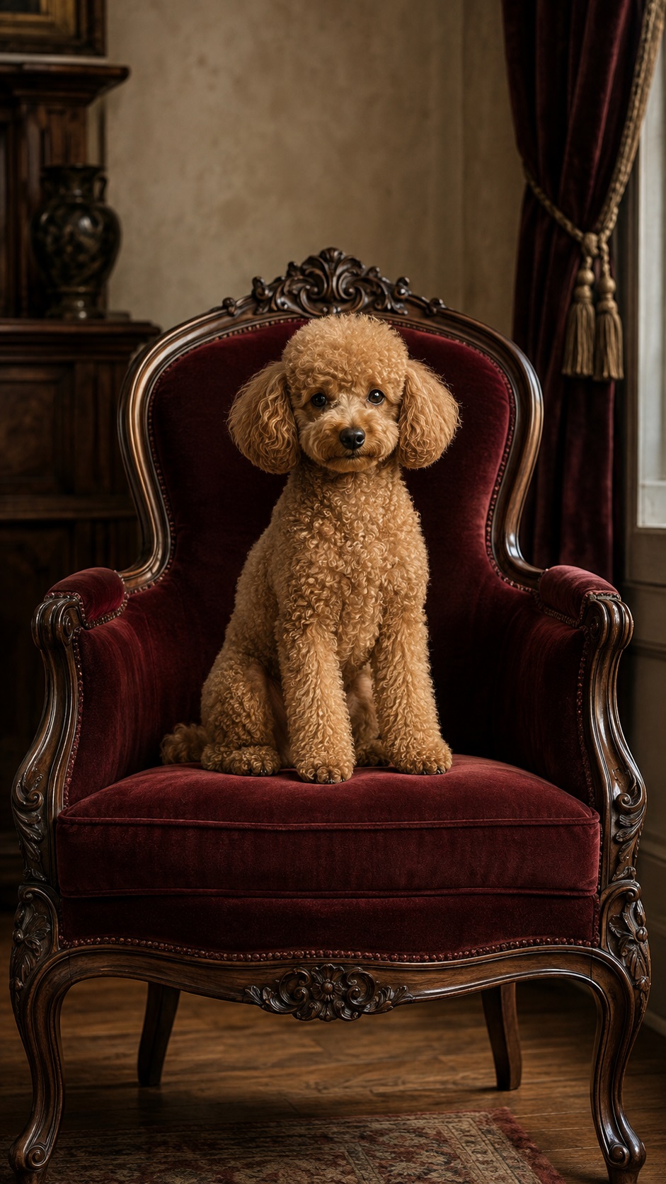 Poodle ngồi trên ghế bành cổ điển