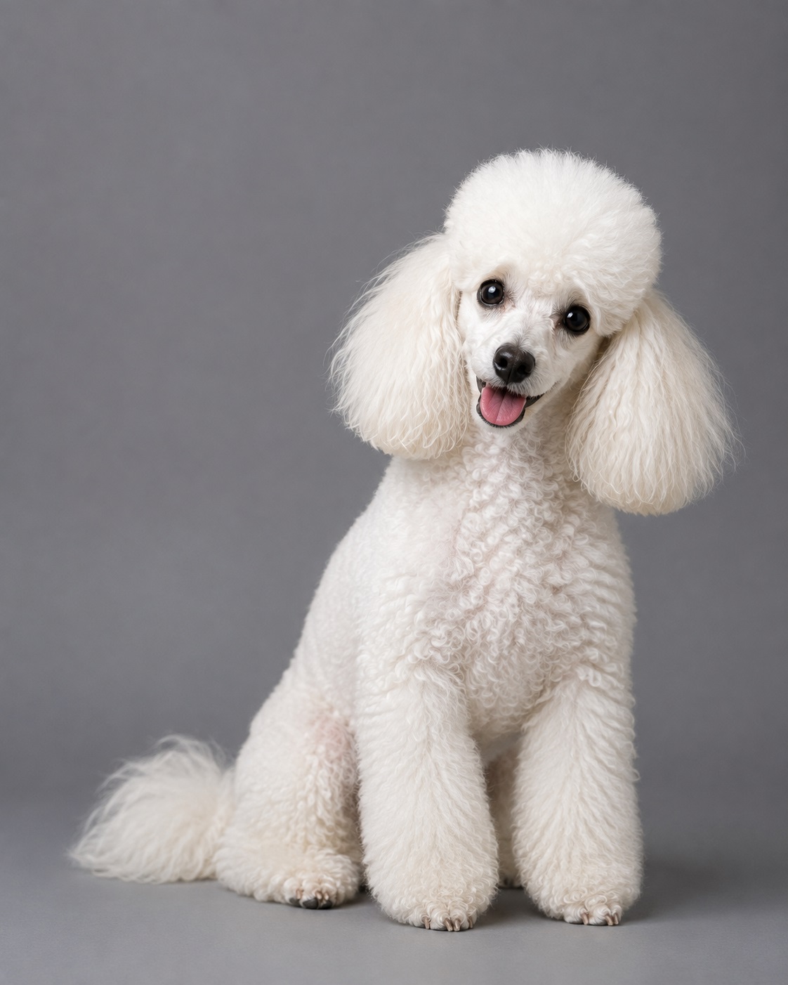 Poodle trắng trên nền xám